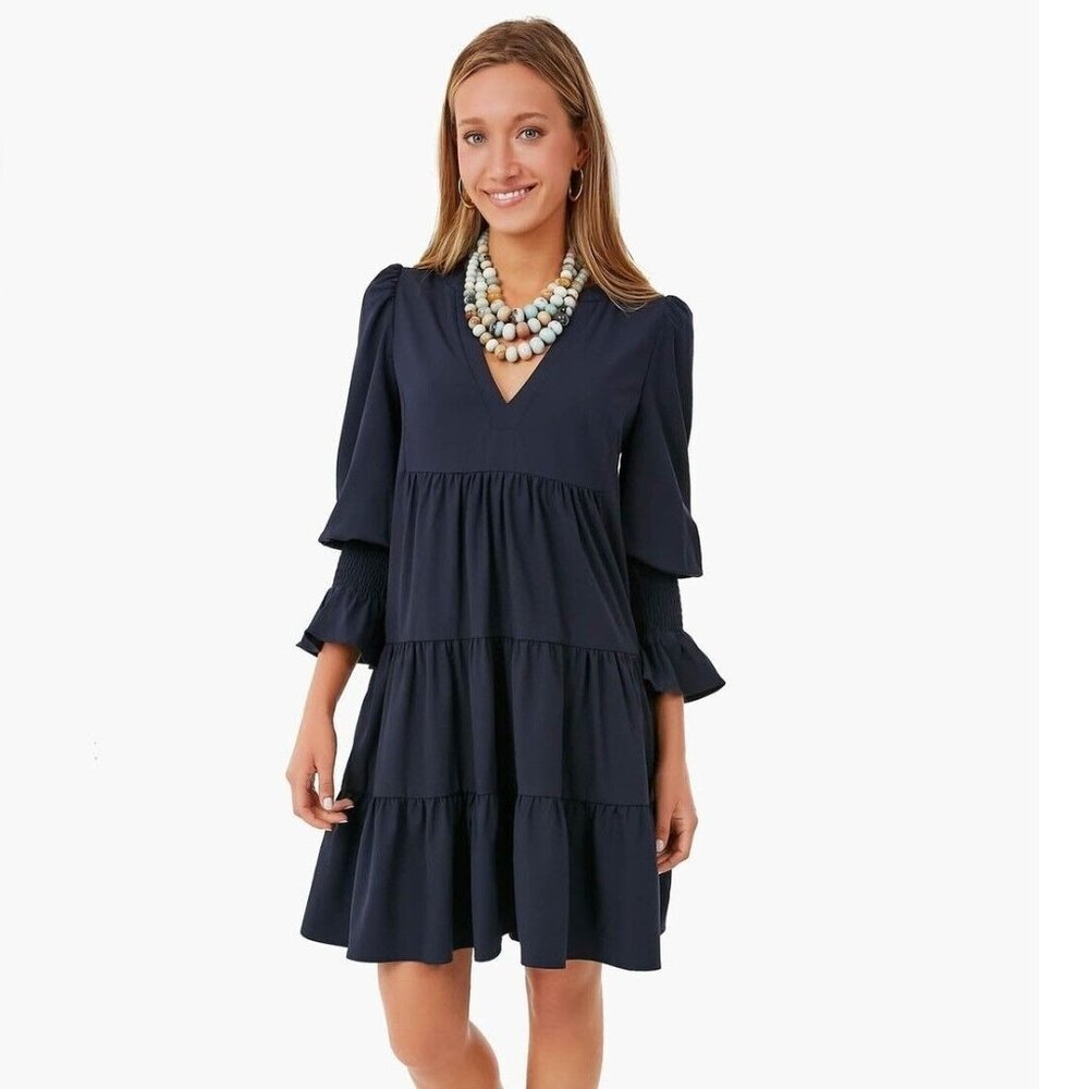 Pomander Place by Tuckernuck Navy Blue Crepe Kenzo Mini Dress sz XS Tiered NWOT